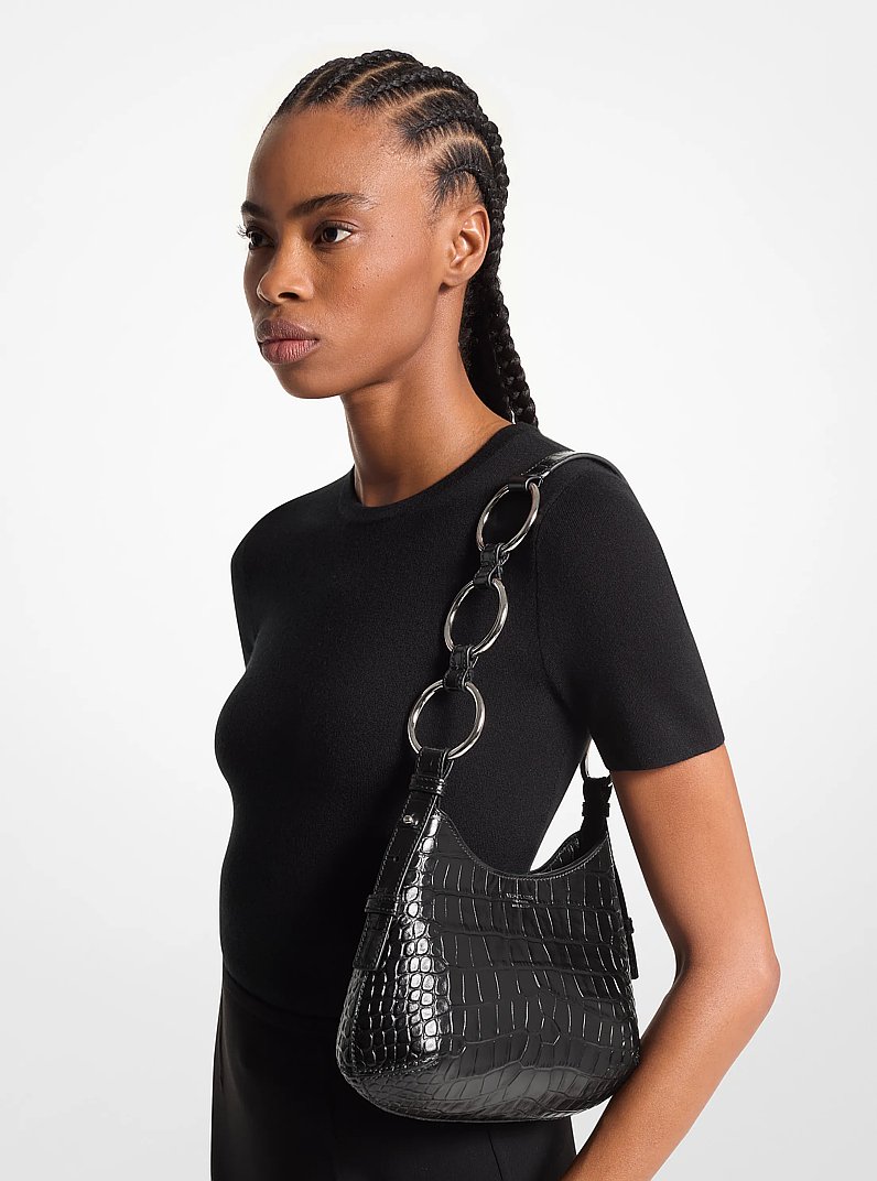 Bardot Mini Crocodile Embossed Leather Hobo Shoulder Bag in BLACK | Michael Kors