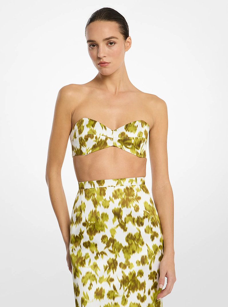 Floral Chin&eacute; Satin Duchesse Bandeau Top in MOSS/OPTIC WHITE | Michael Kors