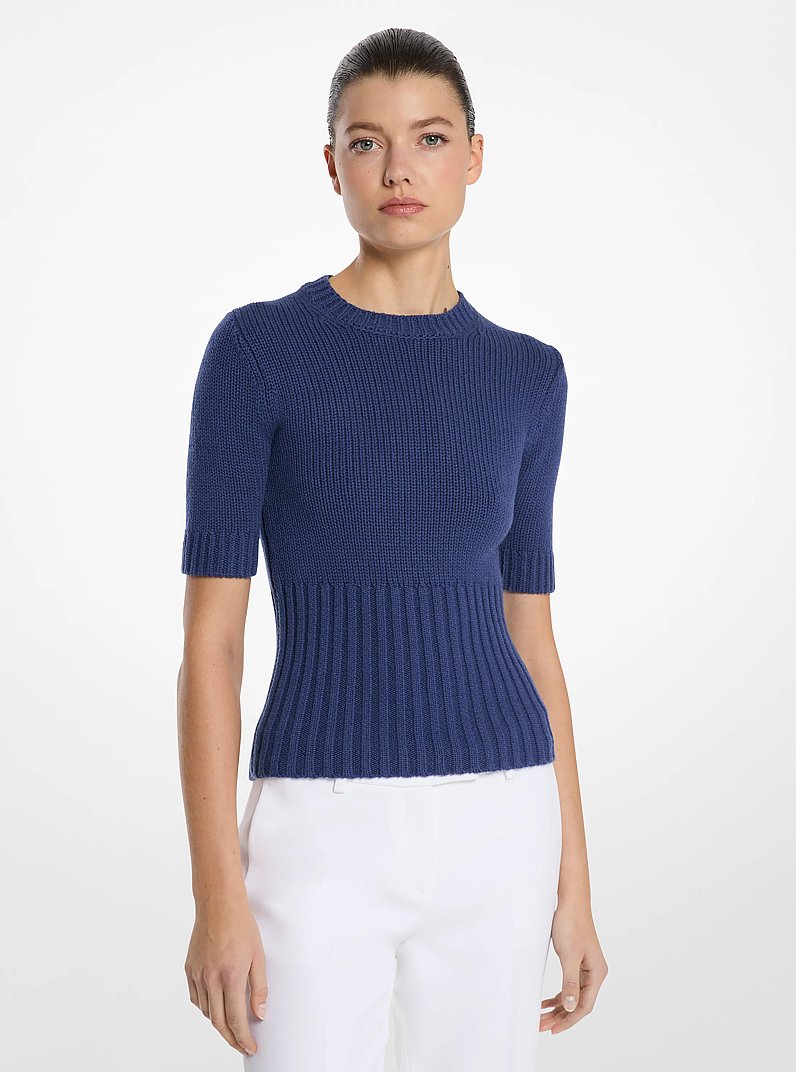 Ribbed Stretch Cashmere Short-Sleeve Sweater in RIVIERA | Michael Kors
