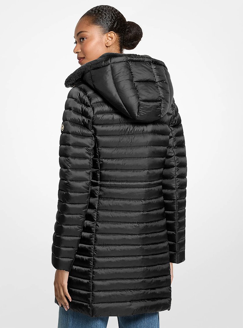 Packable Faux Fur Trim Quilted Nylon Puffer Coat in BLACK | Michael Kors