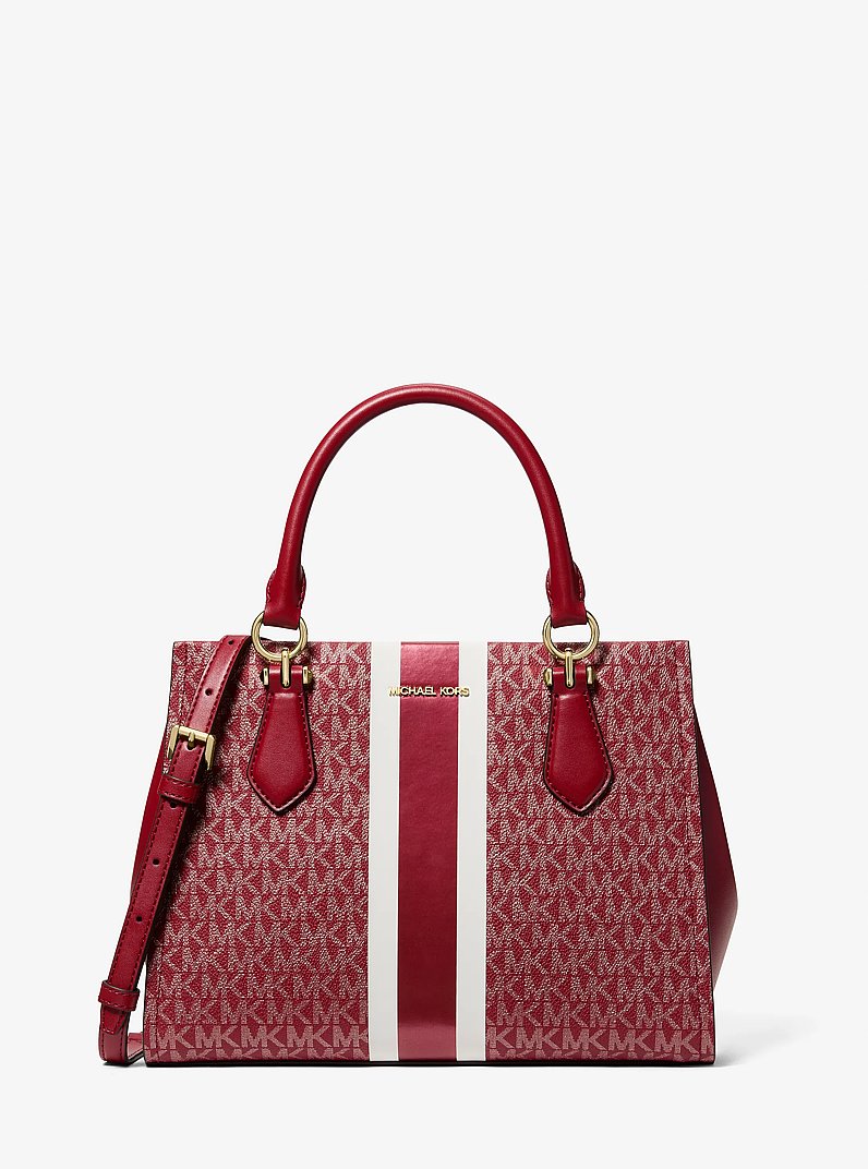 Marilyn Medium Signature Logo Stripe Satchel in CHERRY | Michael Kors