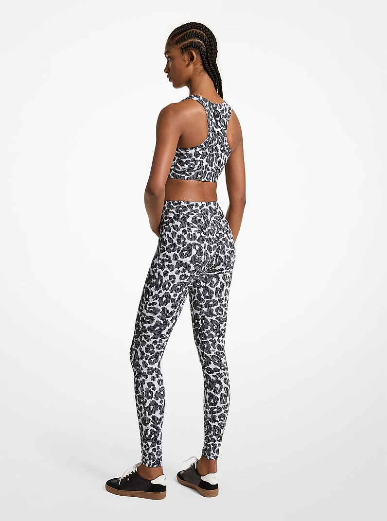Stretch Recycled Nylon Leopard Logo Leggings in ALUMINUM | Michael Kors