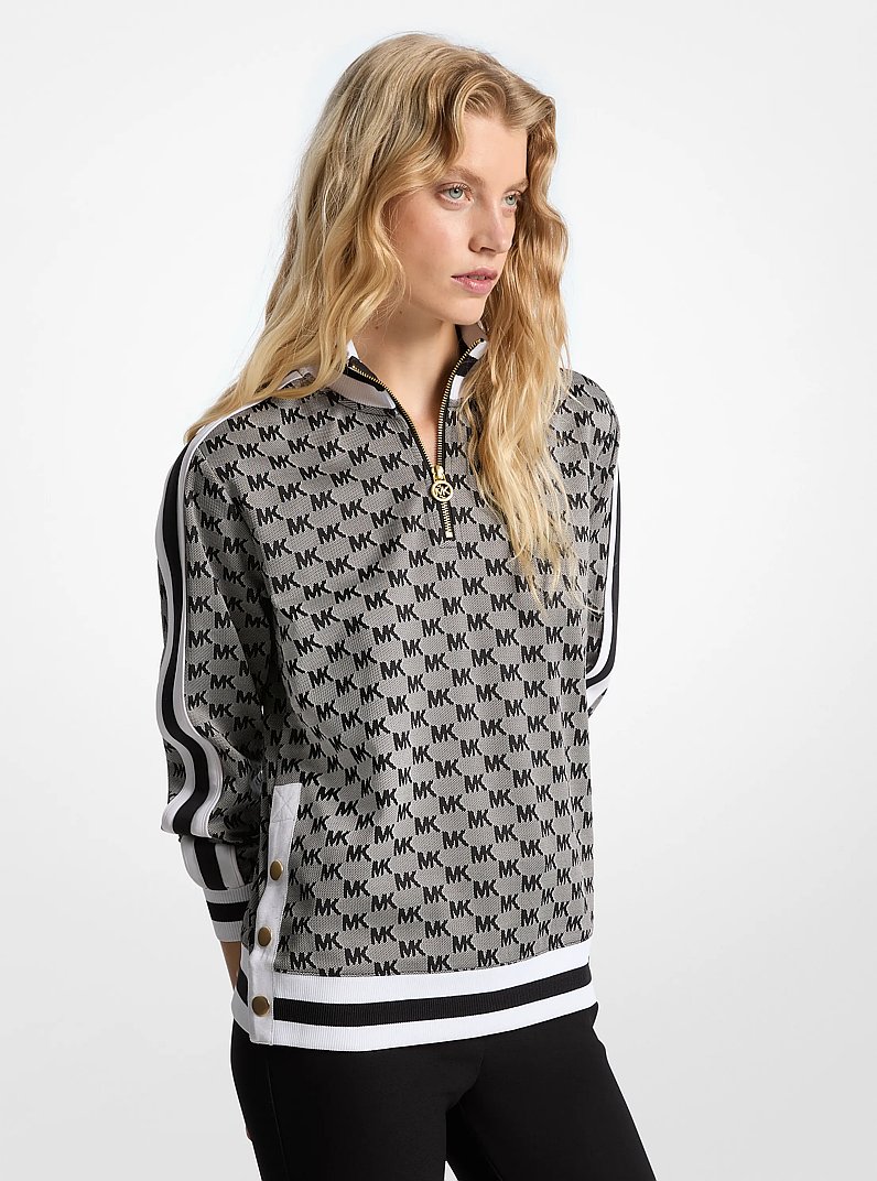 Logo Jacquard Knit Side-Snap Quarter-Zip Sweatshirt in BLACK