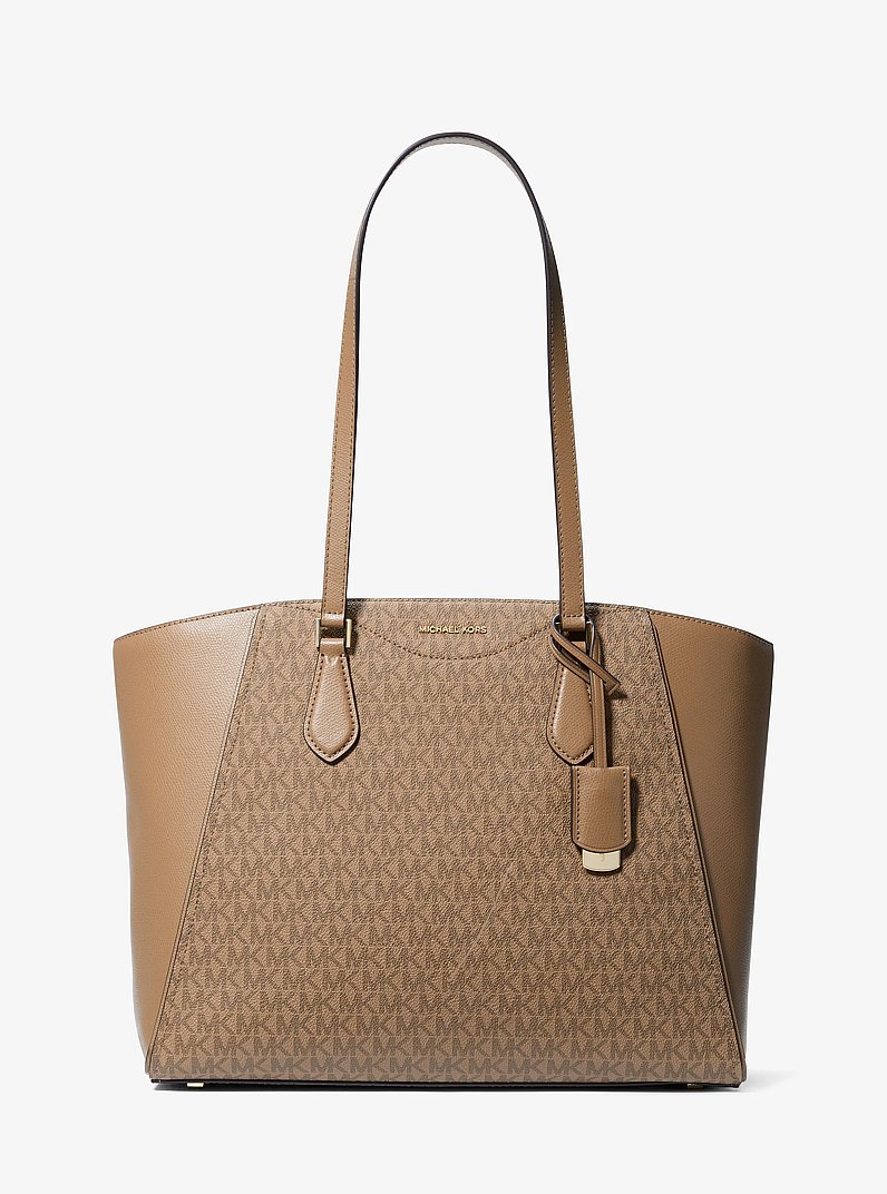 Taryn Large Signature Logo and Leather Tote Bag in HUSK | Michael Kors