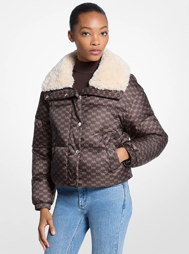 Logo Print and Sherpa Puffer Jacket in CHOCOLATE | Michael Kors