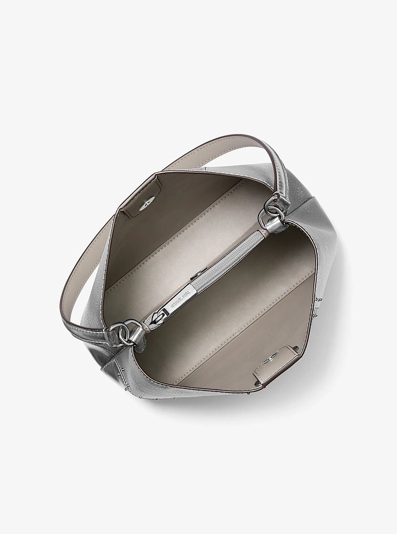 Pratt Medium Studded Metallic Patchwork and Signature Logo Shoulder Bag in SILVER | Michael Kors