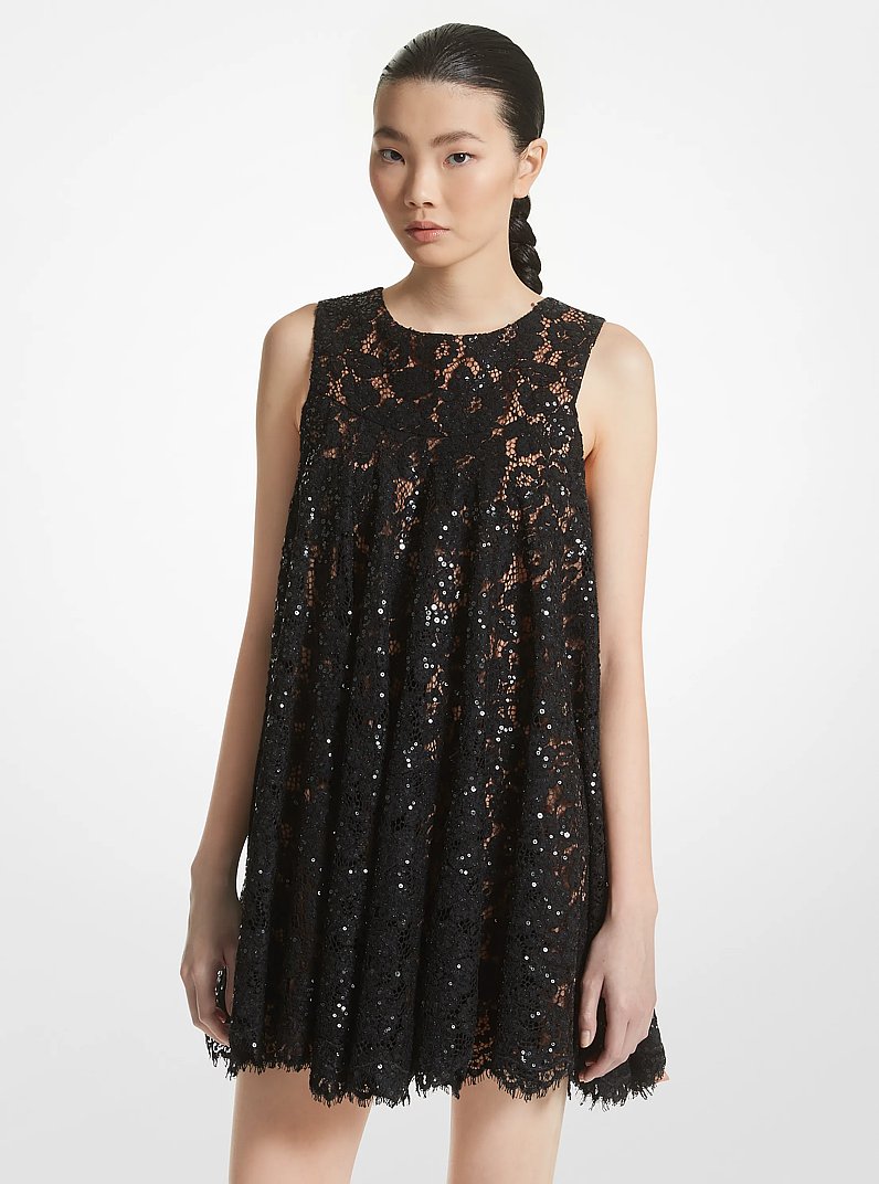 Hand-Embroidered Sequin Floral Lace Swing Dress in NEGRO | Michael Kors