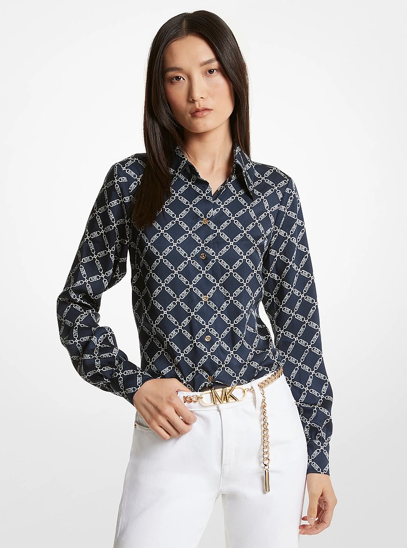 Bluse aus Satin mit Empire-Logomuster in MIDNIGHTBLUE | Michael Kors
