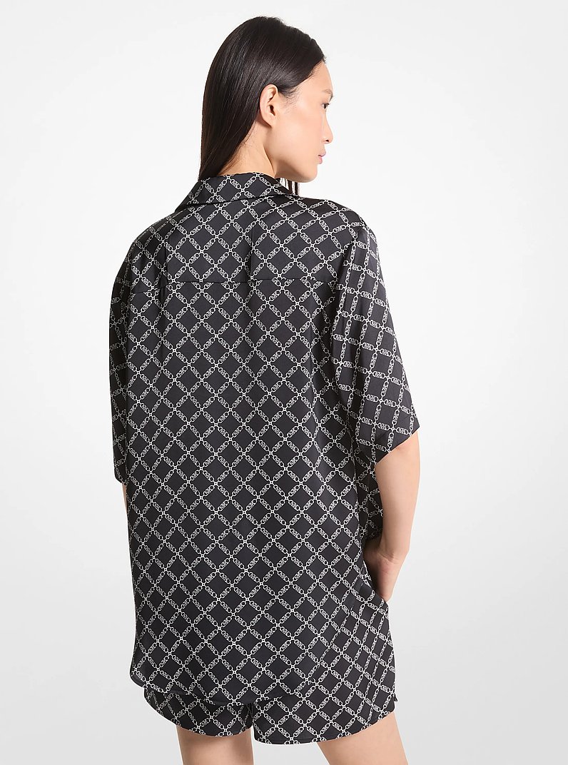Empire Logo Print Satin Camp Shirt in BLACK/WHITE | Michael Kors