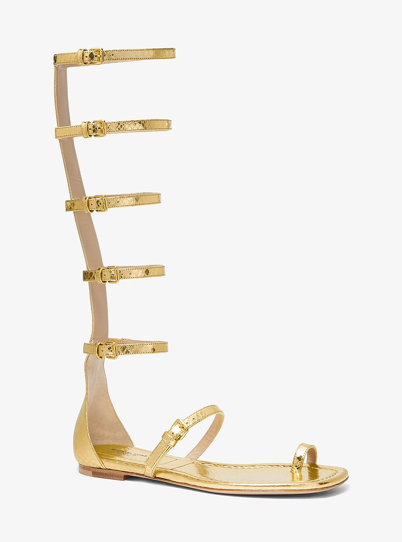 Juliette Metallic Python Embossed Leather Gladiator Sandal in GOLD | Michael Kors