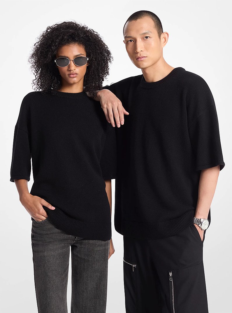 Wool and Cashmere Blend Short-Sleeve Sweater in BLACK | Michael Kors
