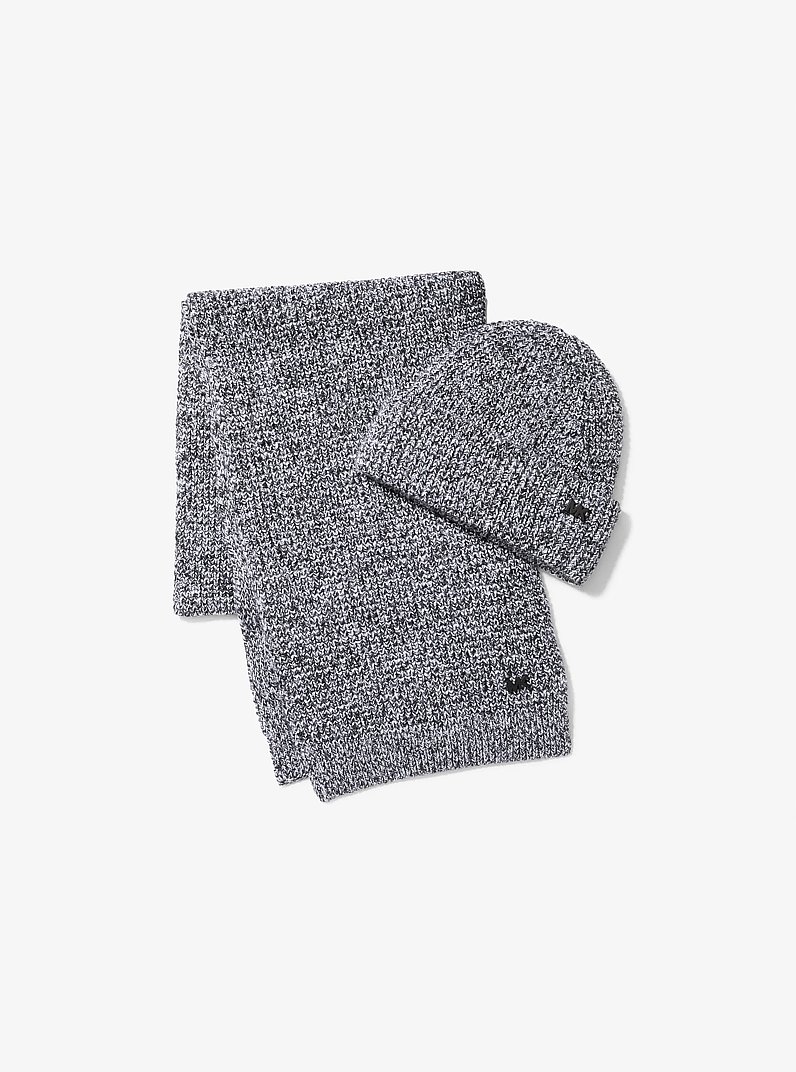Ribbed Knit Beanie Hat and Scarf Set in BLACK/EGGSHELL | Michael Kors