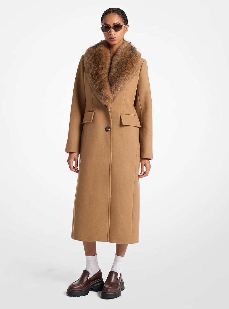 Manteau en m&eacute;lange de laine &agrave; col en fausse fourrure in POIL DE CHAMEAU | Michael Kors