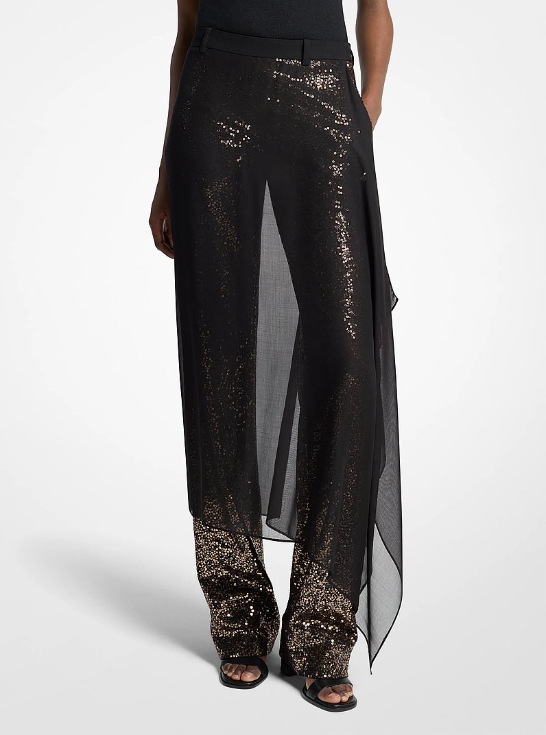 Embellished Tissue Wool Crepe and Silk Voile Veiled Trousers