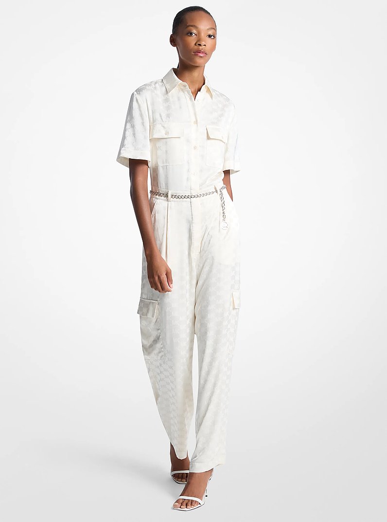 Logo Jacquard Satin Belted Jumpsuit in BONE | Michael Kors