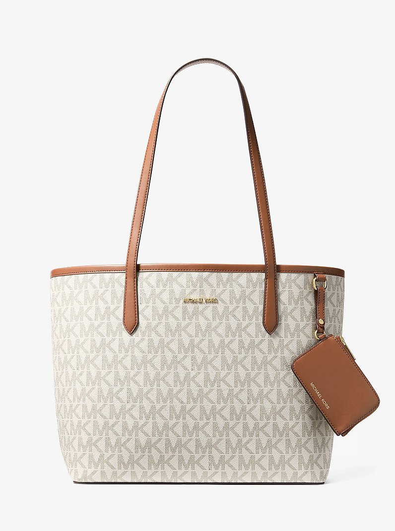 Jet Set Large Signature Logo Tote Bag in VANILLA/LUGGAGE | Michael Kors