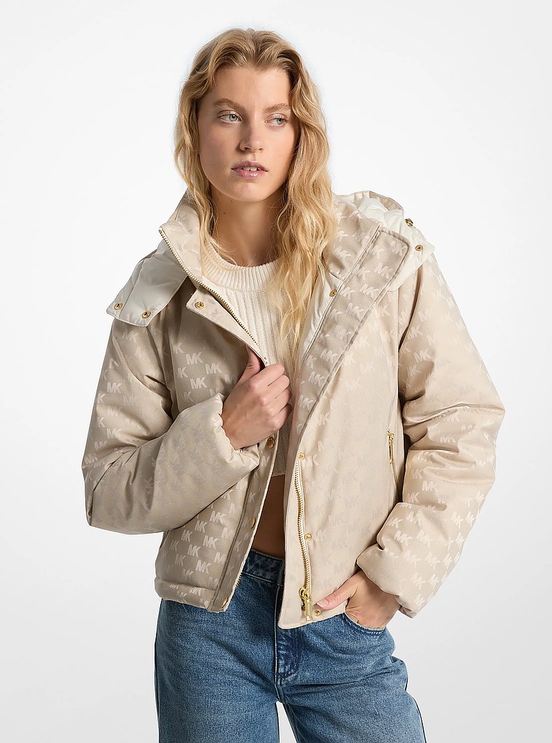 Logo Jacquard Hooded Puffer Jacket in NATURAL | Michael Kors