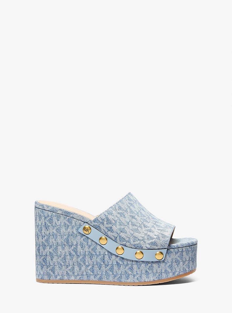 Mayes Signature Logo Print Denim Wedge Sandal in NEW HRZN WSH | Michael Kors