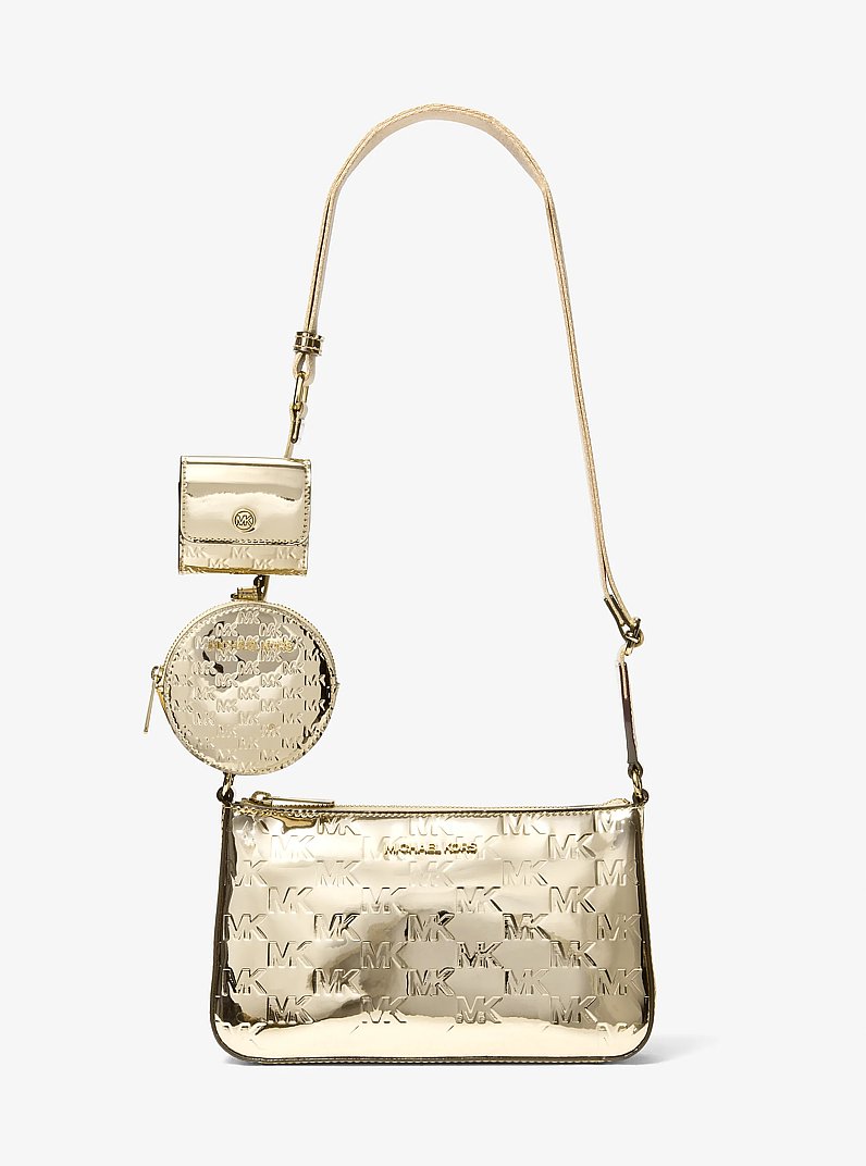 Jet Set Small Metallic Logo Debossed Crossbody Bag with Case for Apple Airpods Pro&reg; in DORADO P&Aacute;LIDO | Michael Kors