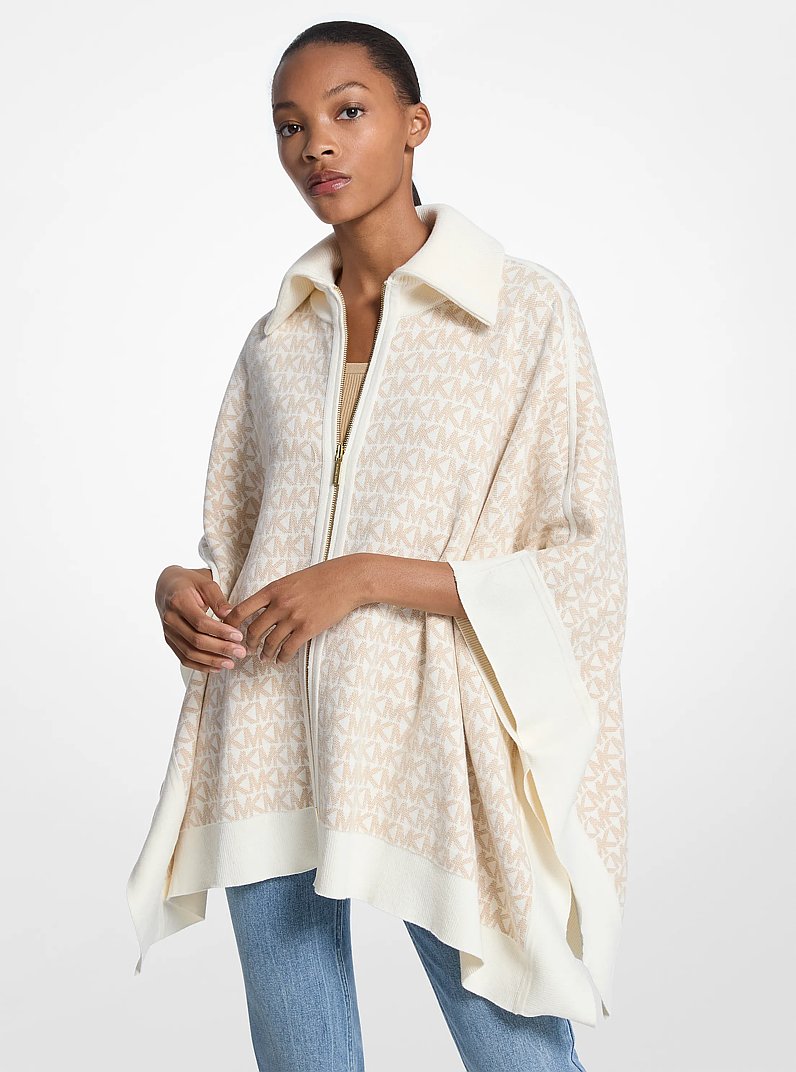 Reversible Logo Cotton Blend Zip-Up Poncho in BONE - Sale