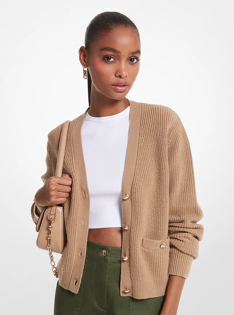 Ribbed Wool Blend Cardigan in DARK CAMEL - Sale | Michael Kors [US]
