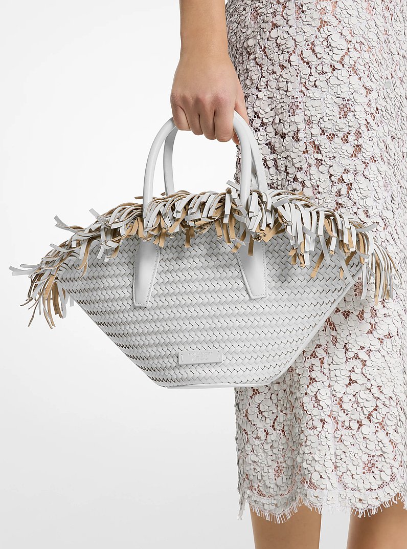 Sardinia Mini Woven Leather Basket Tote Bag in OPTIC WHITE | Michael Kors