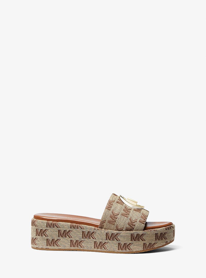 Sadler Logo Jacquard Wedge Sandal in BEIGE/EBONY/BROWN | Michael Kors