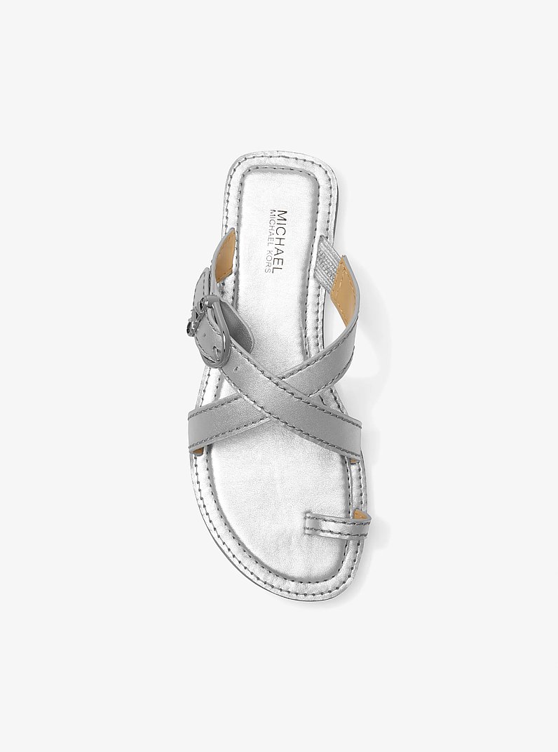 Ashton Metallic Leather Flat Sandal in SILVER | Michael Kors