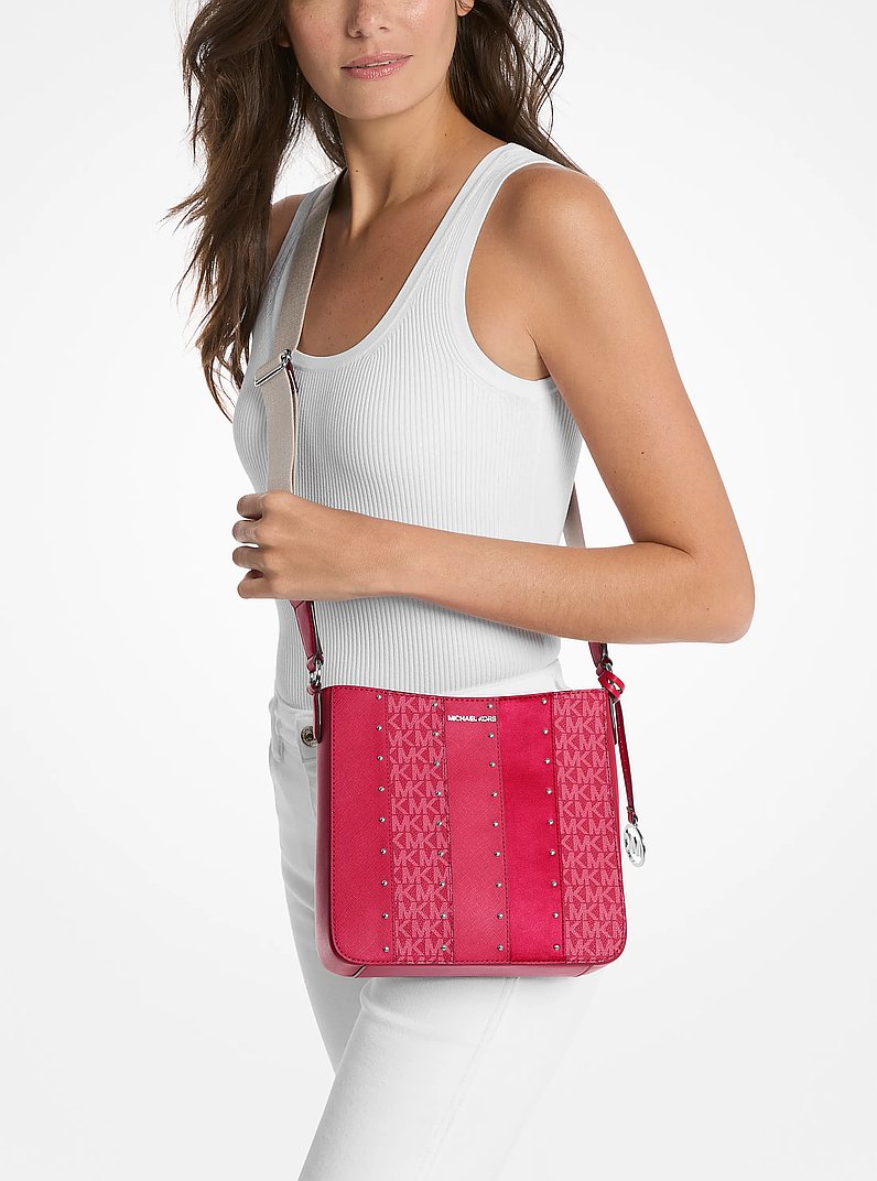 Jet Set Small Studded Patchwork and Signature Logo Crossbody in DARK RASPBERRY MULTI | Michael Kors