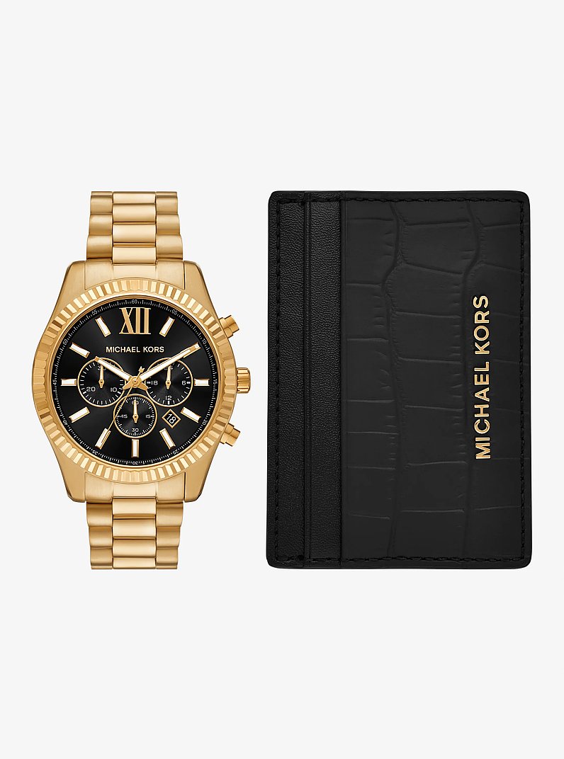 Ensemble-cadeau montre Lexington surdimensionn&eacute;e de ton or et porte-cartes en cuir gaufr&eacute; &agrave; motif de crocodile in OR | Michael Kors
