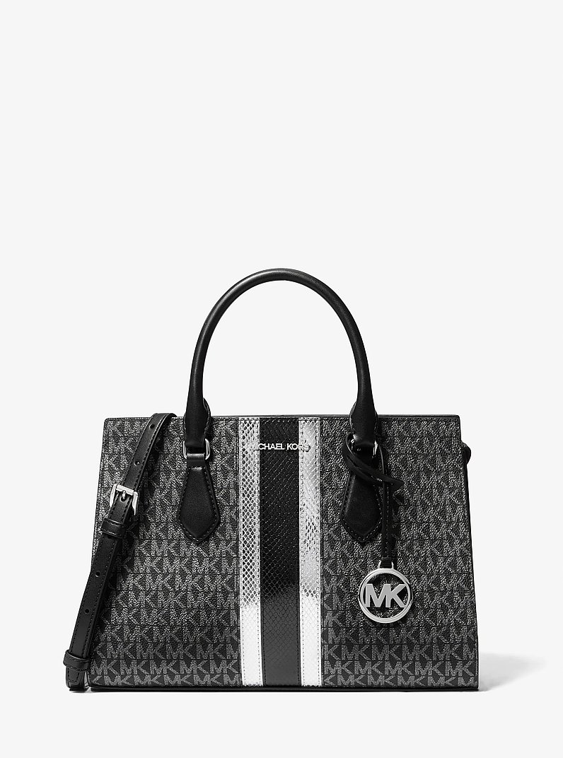Sheila Medium Signature Logo and Metallic Satchel in BLACK | Michael Kors