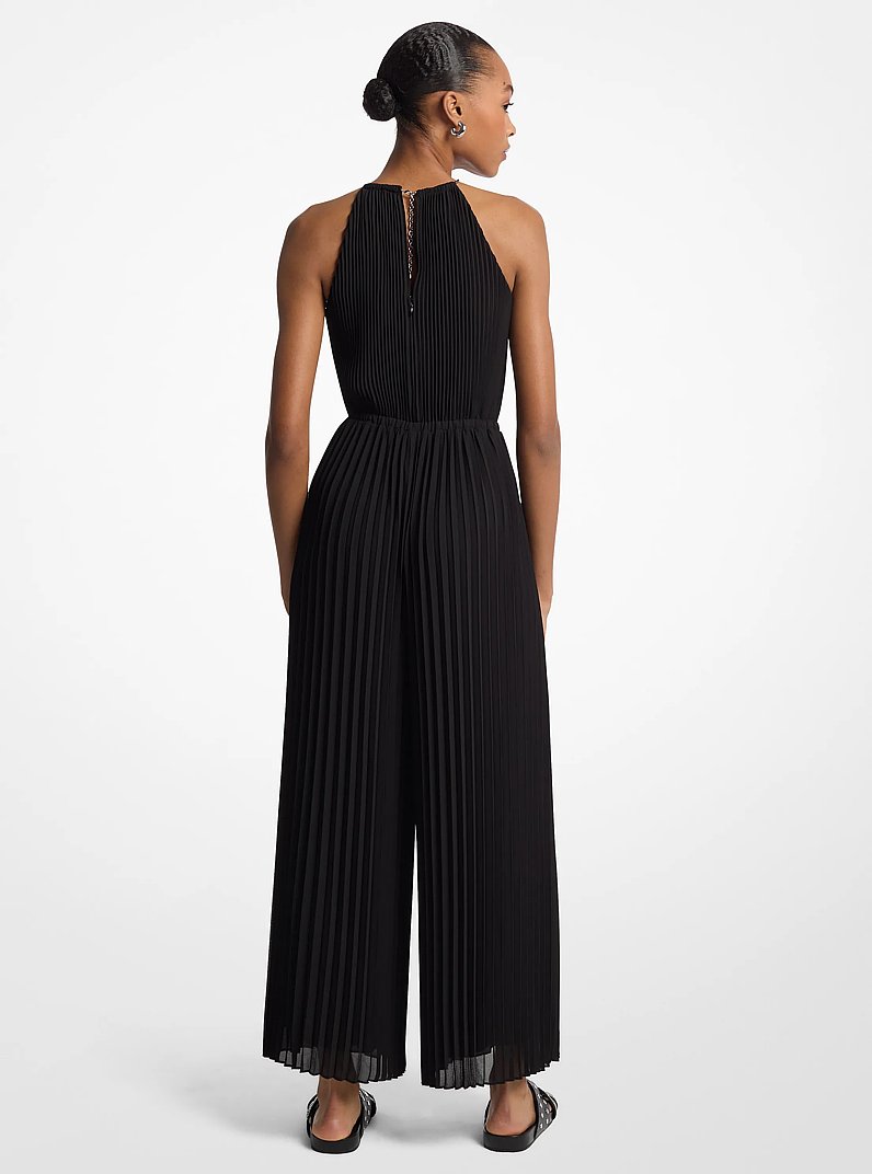 Pleated Georgette Halter Jumpsuit in BLACK | Michael Kors