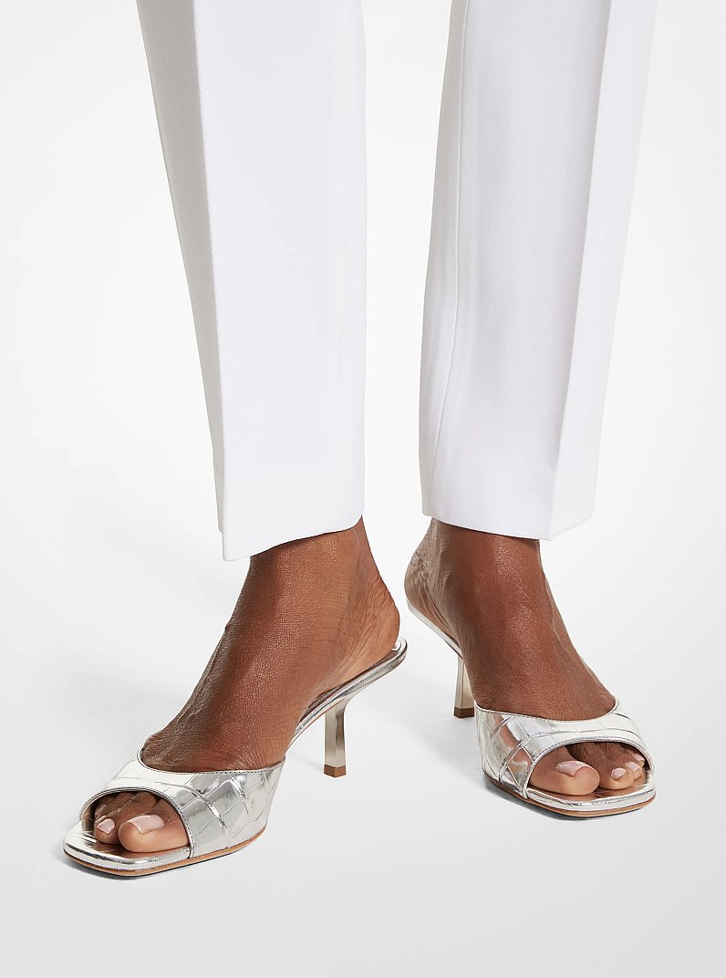 Anita Metallic Crocodile Embossed Leather Sandal in SILVER | Michael Kors