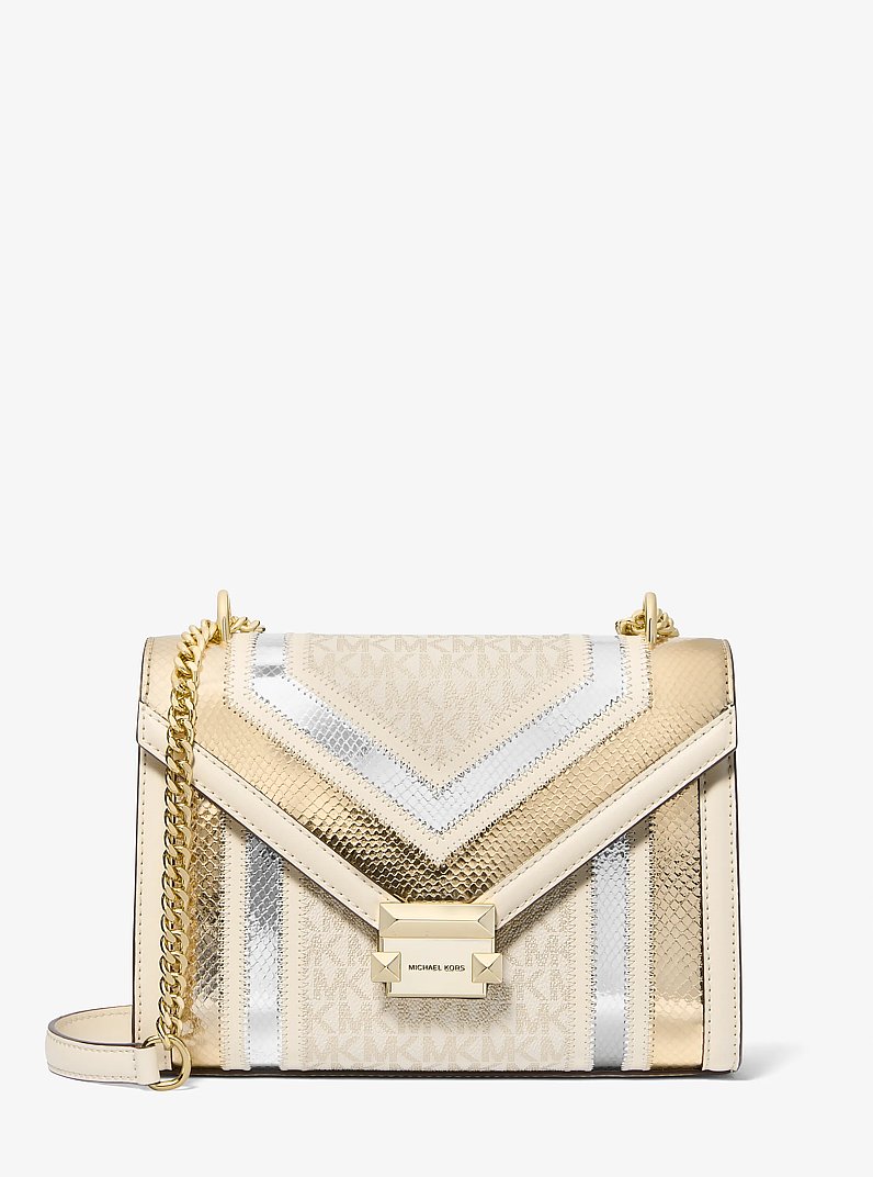 Whitney Medium Signature Logo and Metallic Shoulder Bag in PL GLD MULTI | Michael Kors