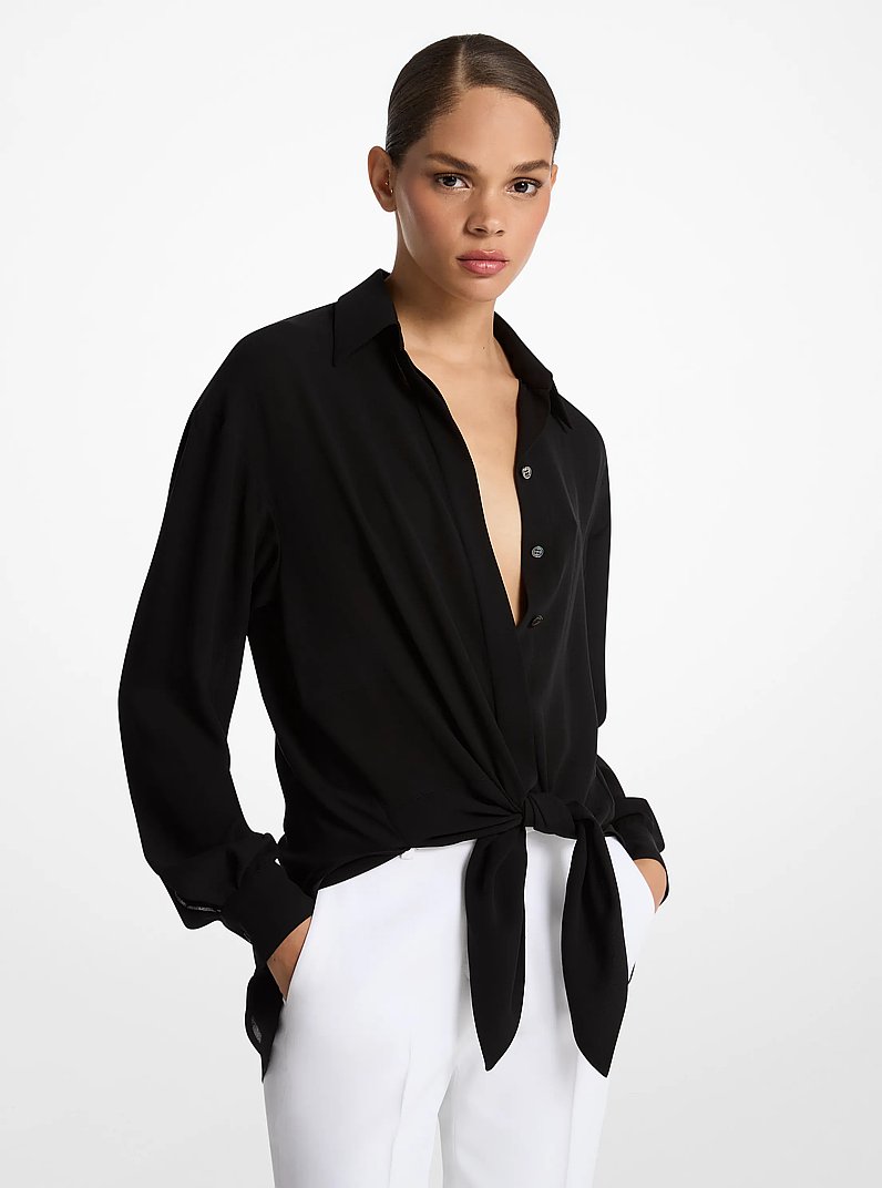 Silk Georgette Tie-Front Shirt in BLACK | Michael Kors