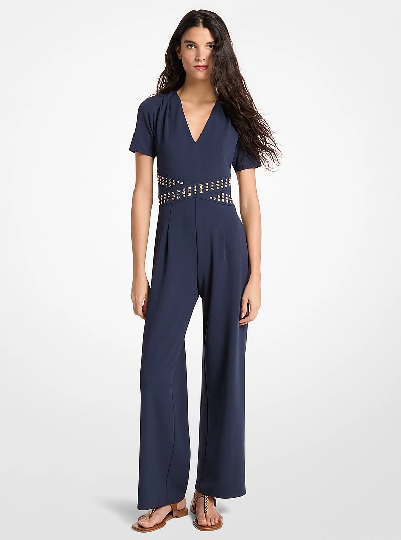Tuta in cr&ecirc;pe scuba con borchie in MIDNIGHTBLUE | Michael Kors