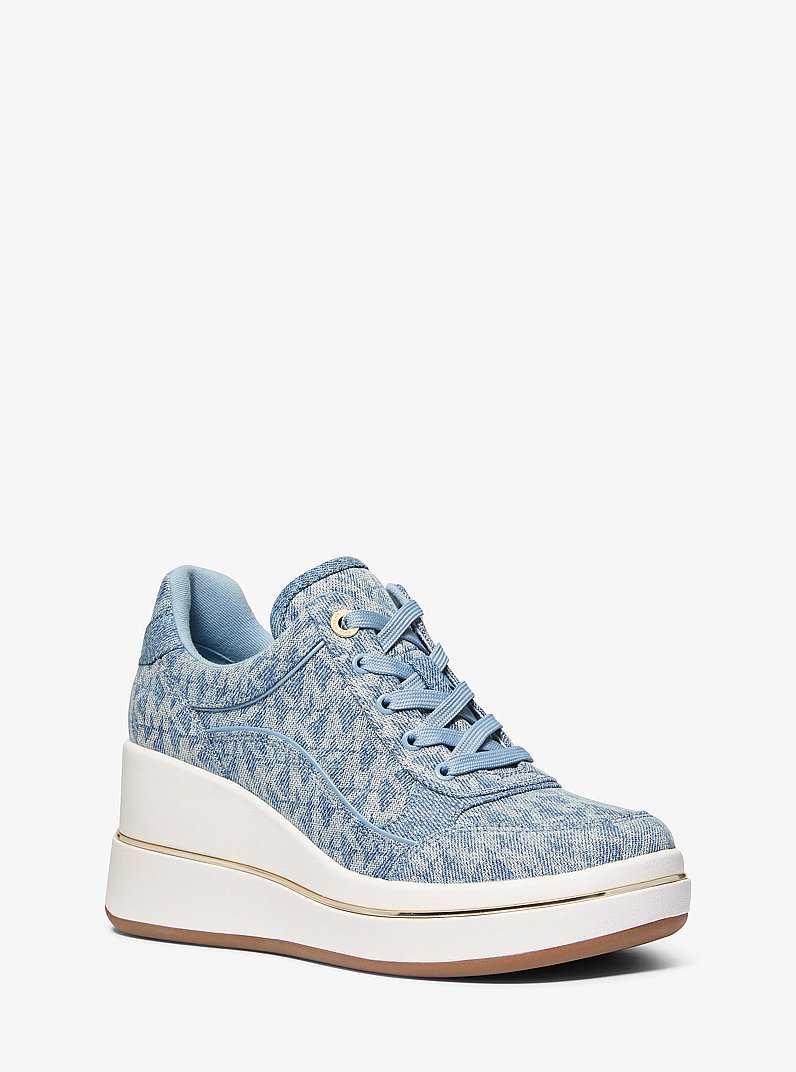 Emmy Signature Logo Print Denim Wedge Trainer in NEW HRZN WSH | Michael Kors