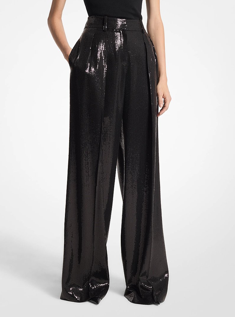 Sequined Crepe Sabl&eacute; Wide-Leg Trousers in BLACK | Michael Kors