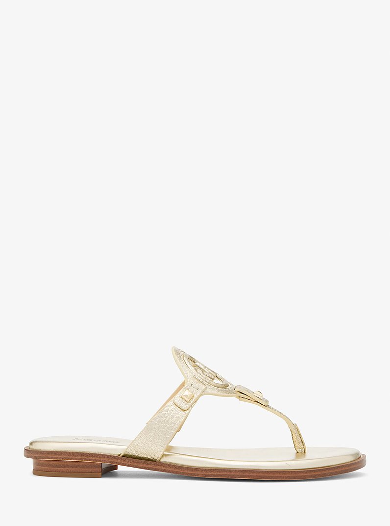 Aubrey Cutout Metallic Leather T-Strap Sandal in PALE GOLD | Michael Kors