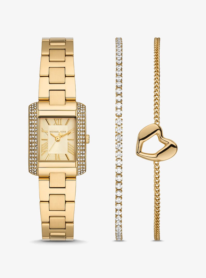 Mini Emery Pav&eacute; Gold-Tone Watch and Bracelet Gift Set in GOLD | Michael Kors