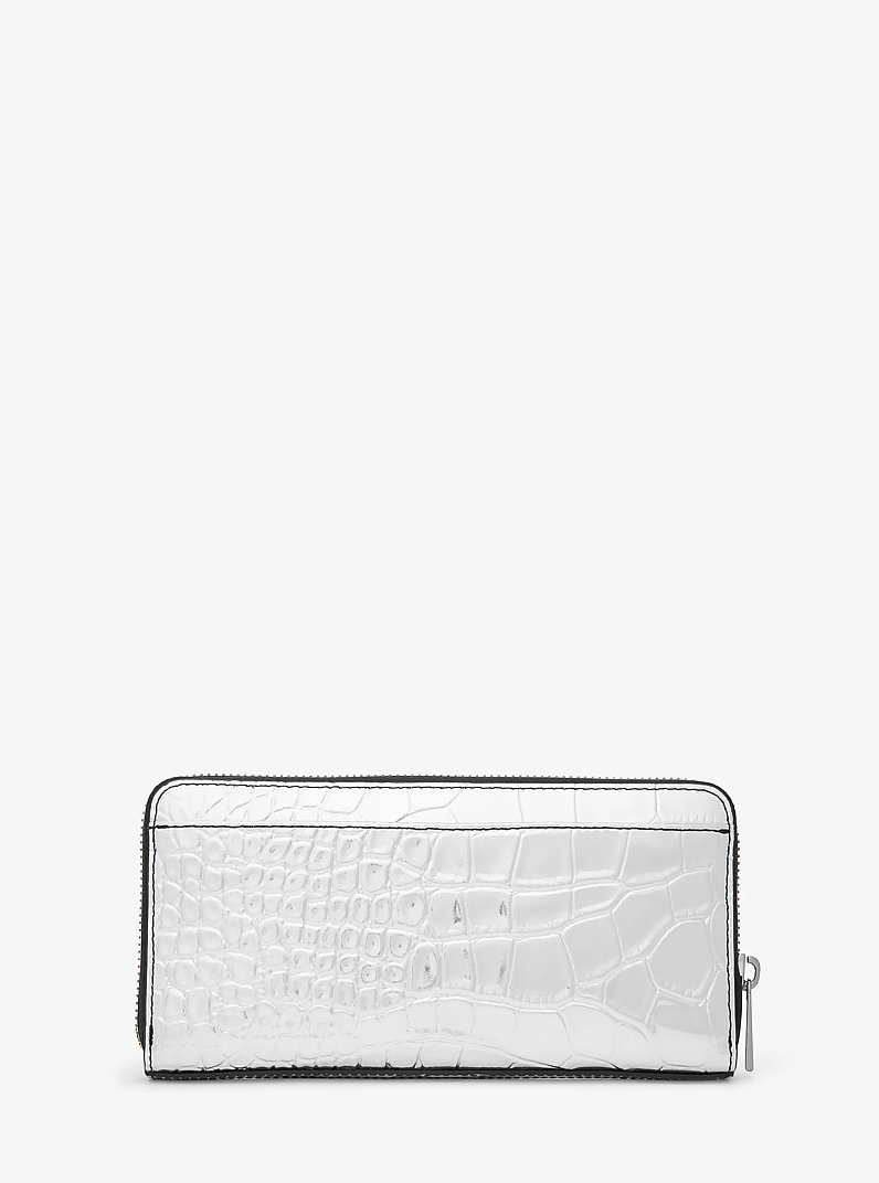 Hudson Metallic Crocodile Embossed Leather Zip-Around Wallet in SILVER | Michael Kors