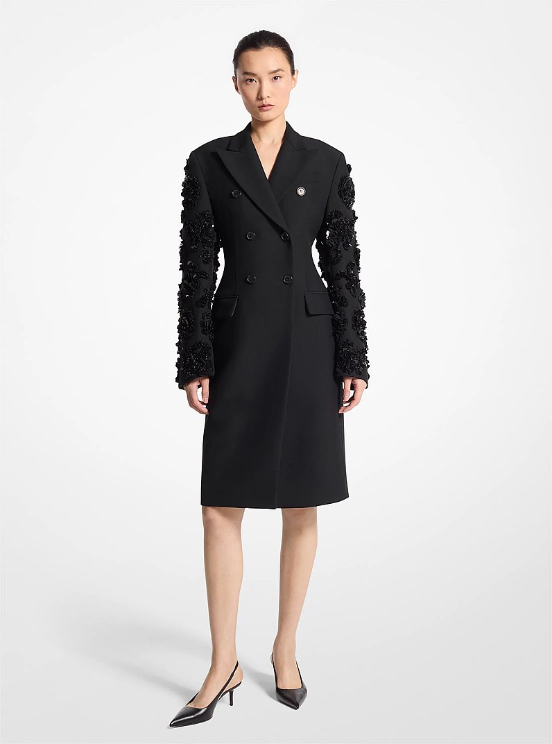 Wool Blend Gabardine Double-Breasted Carved Jacket in BLACK | Michael Kors