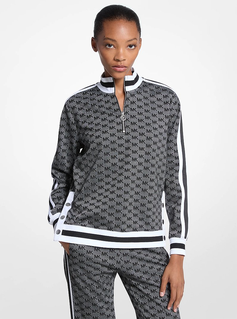Logo Print Metallic Stretch Knit Half-Zip Jacket in BLACK/SILVER