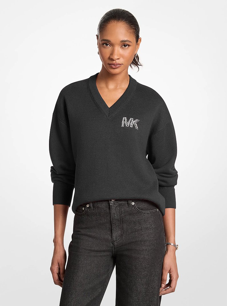 Embellished Logo Cotton Blend Sweater in NOIR | Michael Kors