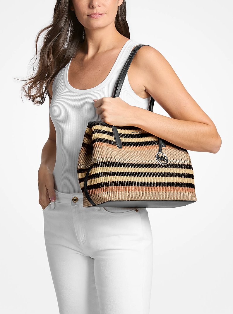 Avalon Medium Striped Woven Tote Bag in BLACK | Michael Kors