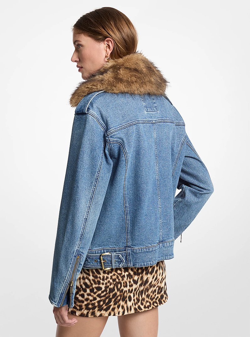 Faux Fur Trim Denim Moto Jacket in DUSK BLUE WASH | Michael Kors
