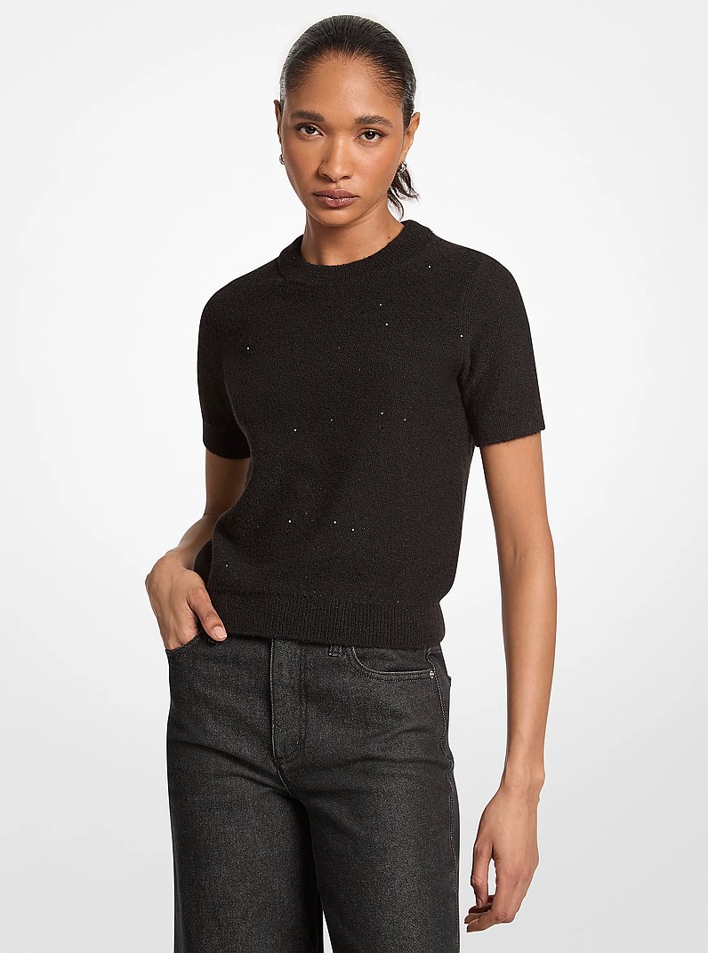 Embellished Knit Short-Sleeve Sweater in BLACK | Michael Kors