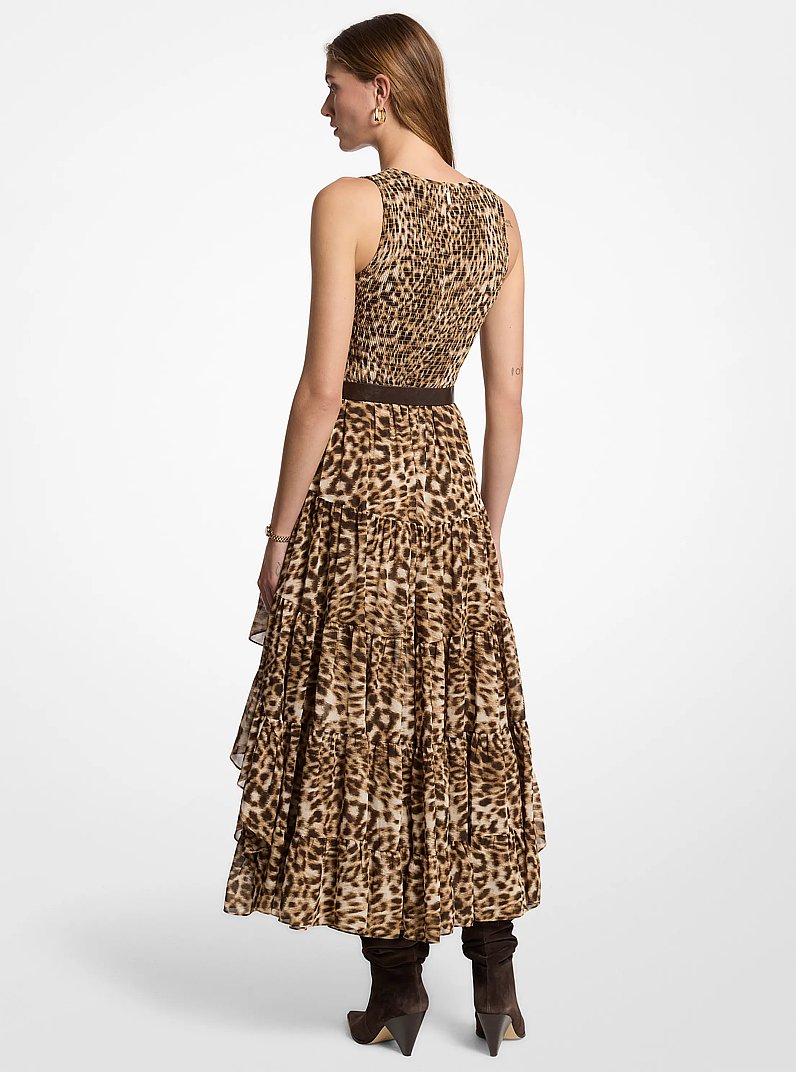 Leopard Print Georgette High-Low Dress in DARK CAMEL | Michael Kors