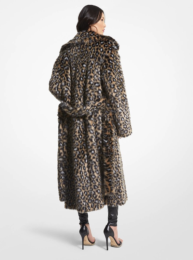 Leopard Print Faux Fur Robe Coat in KHAKI/BLACK | Michael Kors