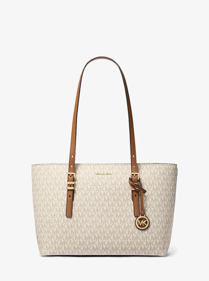 Quinn Medium Signature Logo and Leather Tote Bag in VANILLA/ACORN | Michael Kors
